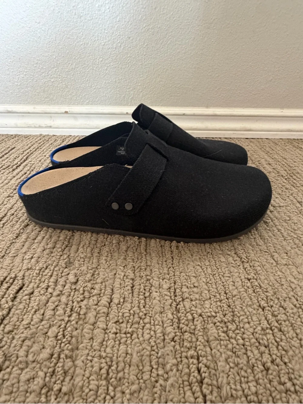 Rothy's Black Slip-On Loafers with Blue Heel Accent